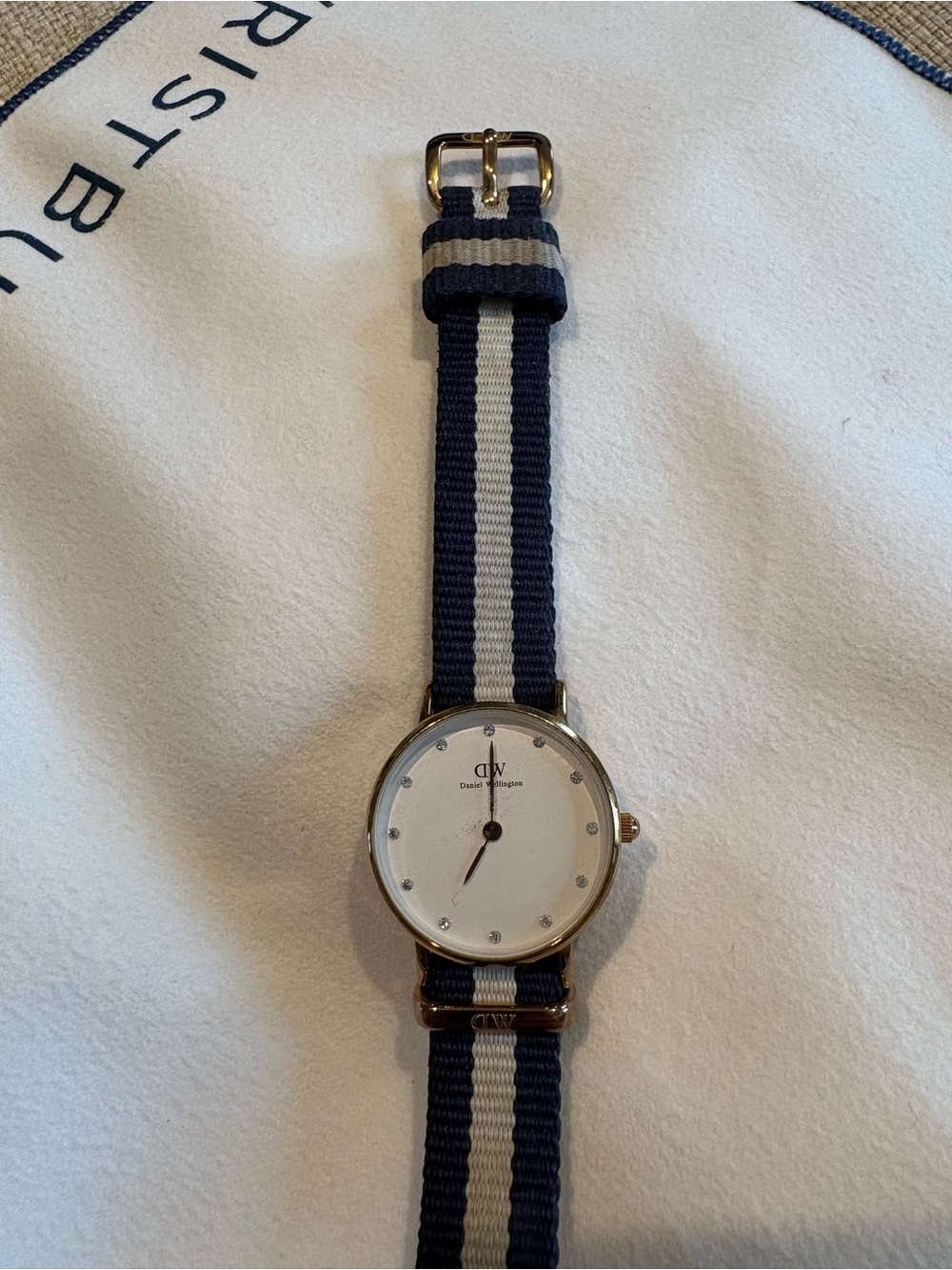 Daniel Wellington Navy and White Stripe NATO Watch with Gold Case